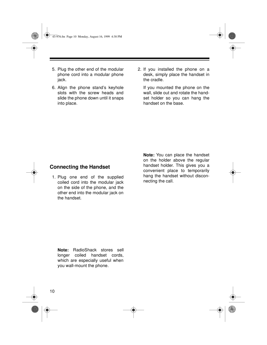 Radio Shack 1500 owner manual Connecting the Handset 