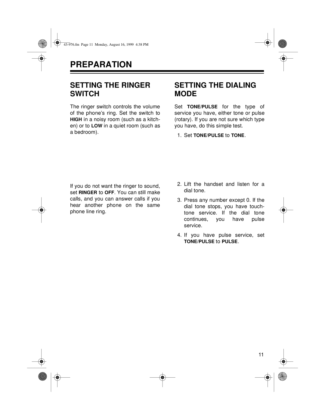 Radio Shack 1500 owner manual Preparation, Setting the Ringer Switch, Setting the Dialing Mode 