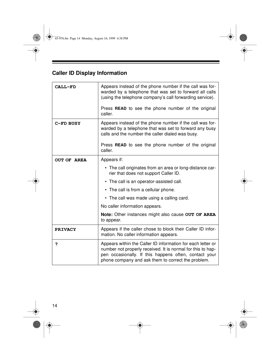 Radio Shack 1500 owner manual Caller ID Display Information, Call-Fd 