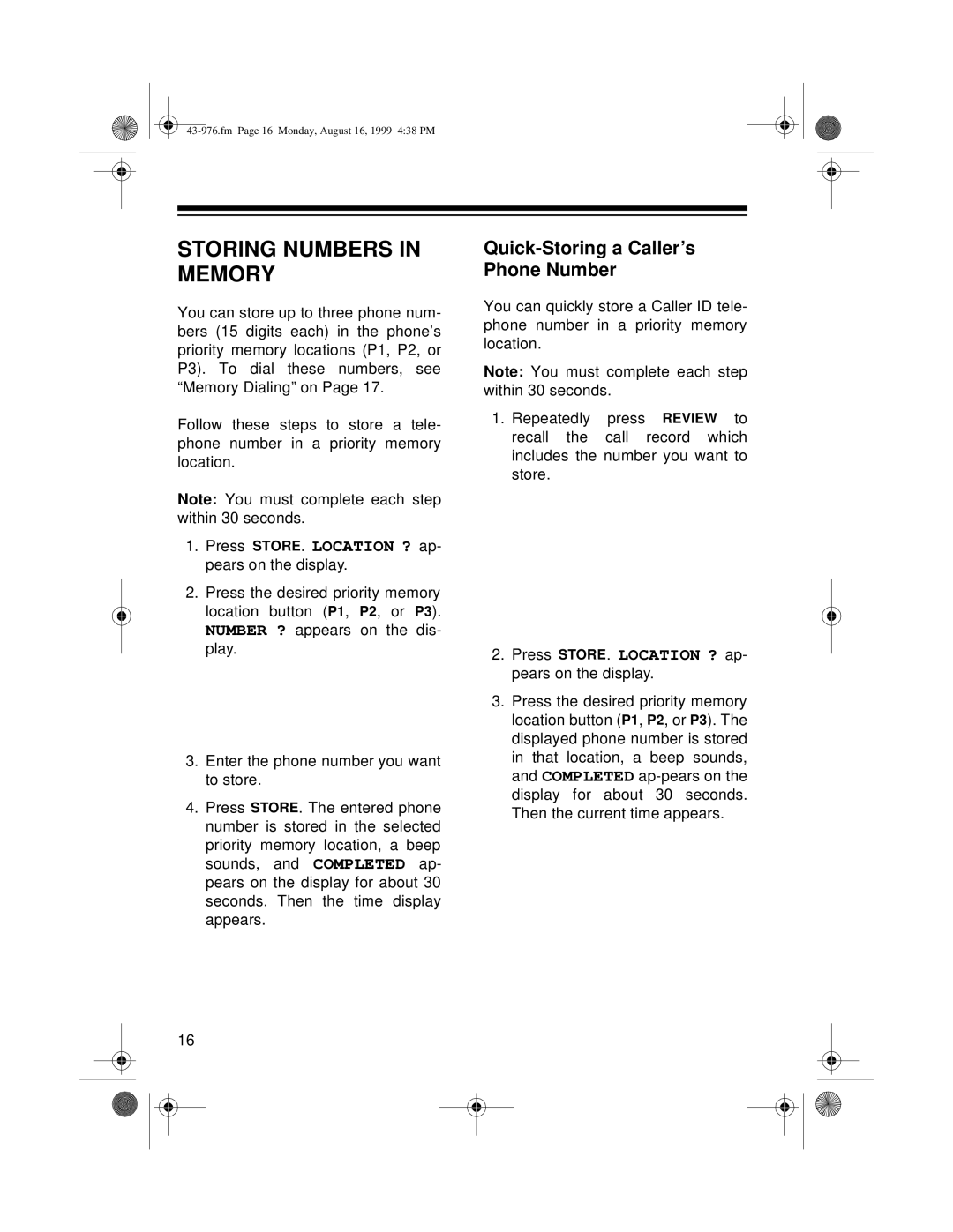 Radio Shack 1500 owner manual Storing Numbers in Memory, Quick-Storing a Caller’s Phone Number 