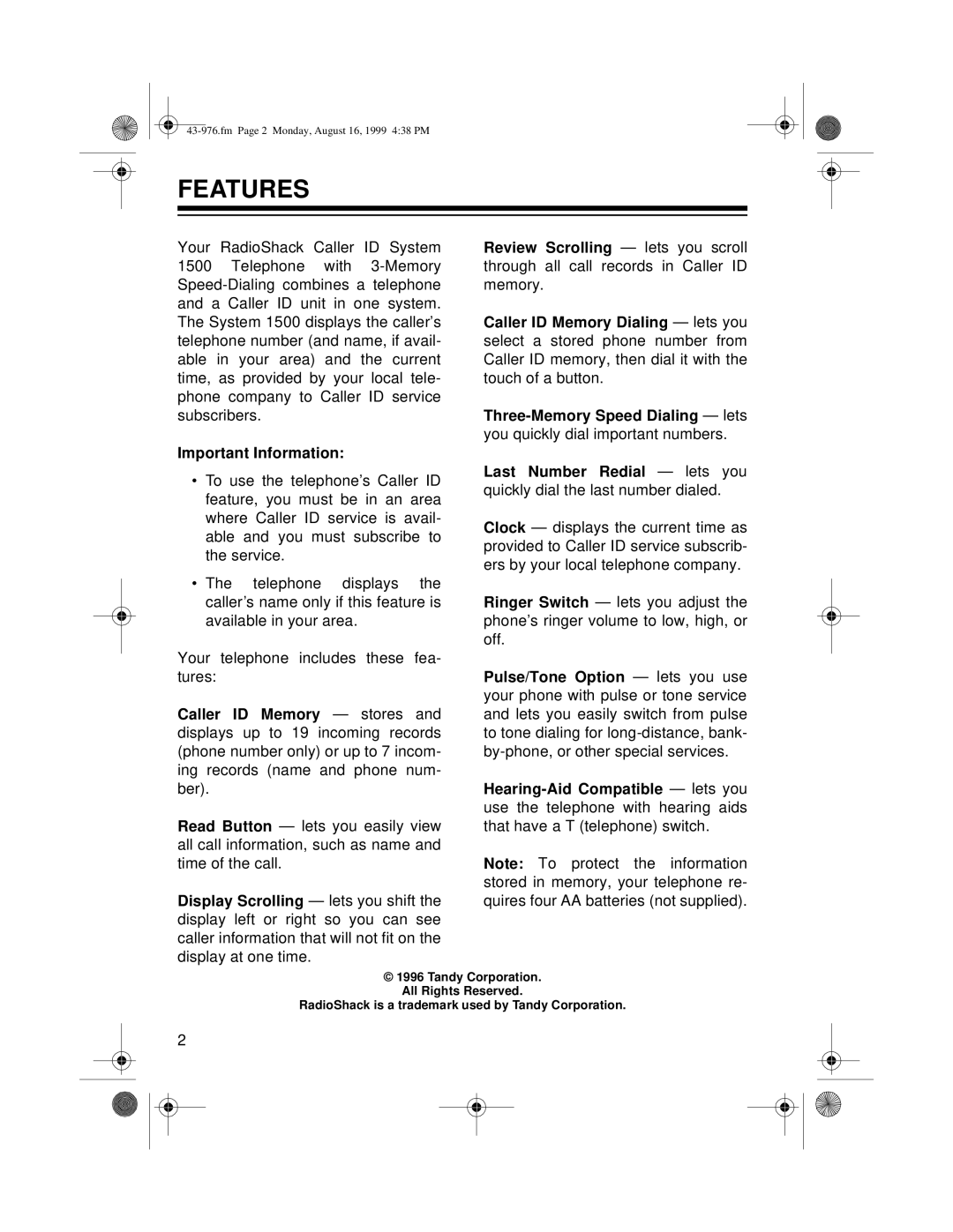 Radio Shack 1500 owner manual Features, Important Information 