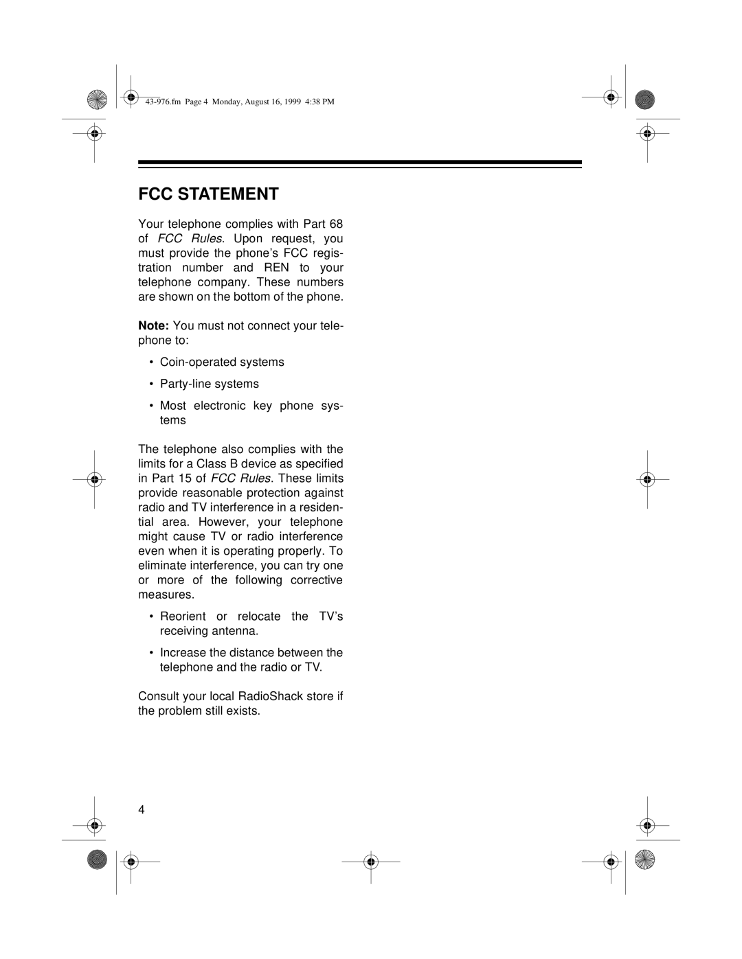 Radio Shack 1500 owner manual FCC Statement 