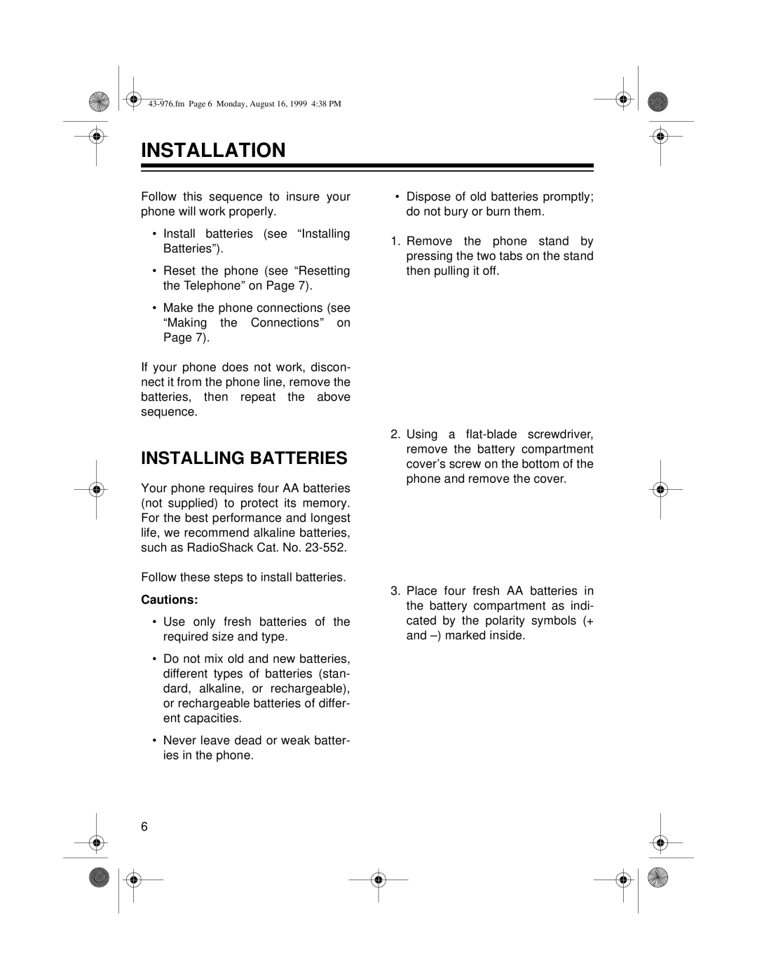 Radio Shack 1500 owner manual Installation, Installing Batteries 