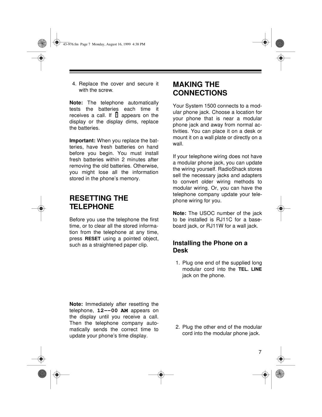 Radio Shack 1500 owner manual Resetting Telephone, Making Connections, Installing the Phone on a Desk 