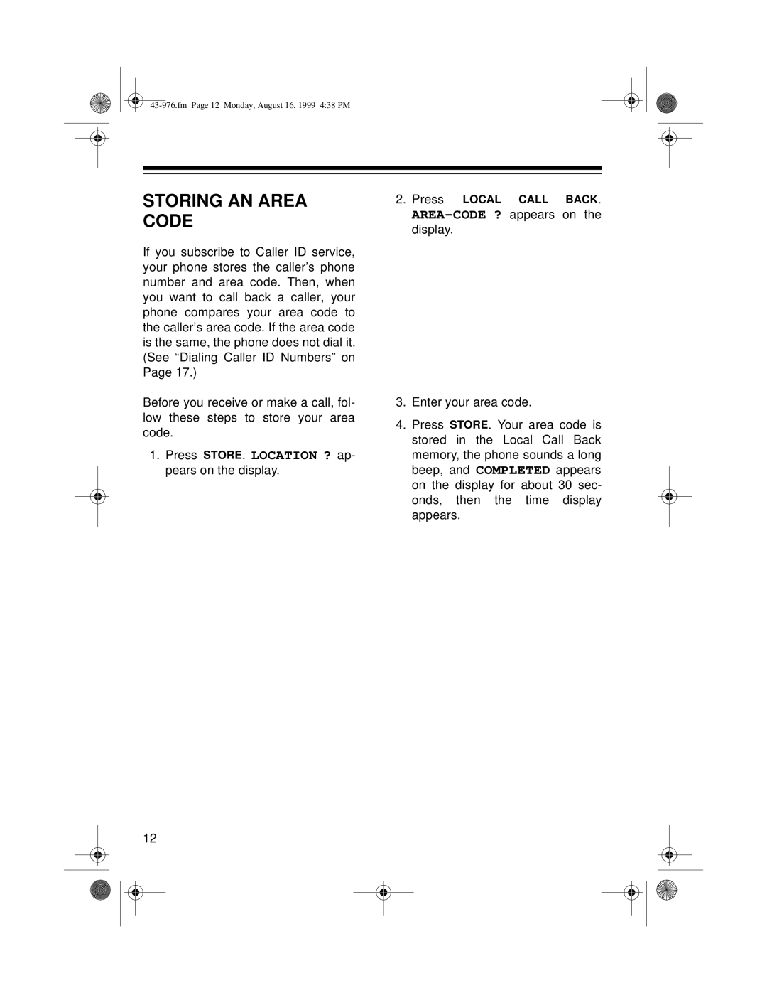 Radio Shack 1500 owner manual Storing An Area Code 