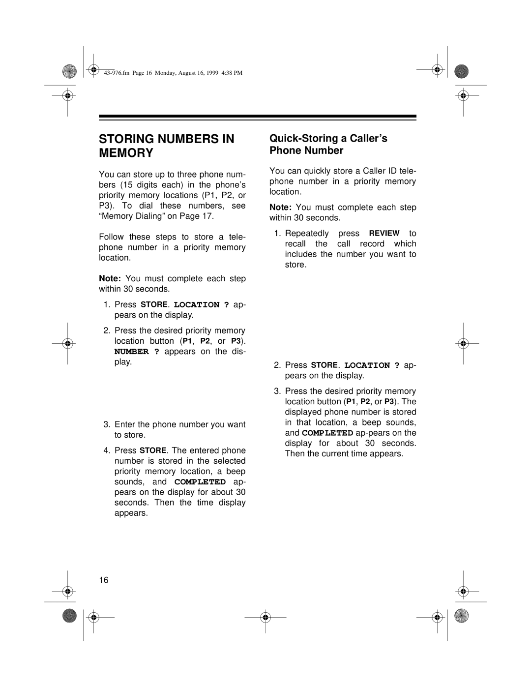 Radio Shack 1500 owner manual Storing Numbers In Memory, Quick-Storing a Caller’s Phone Number 