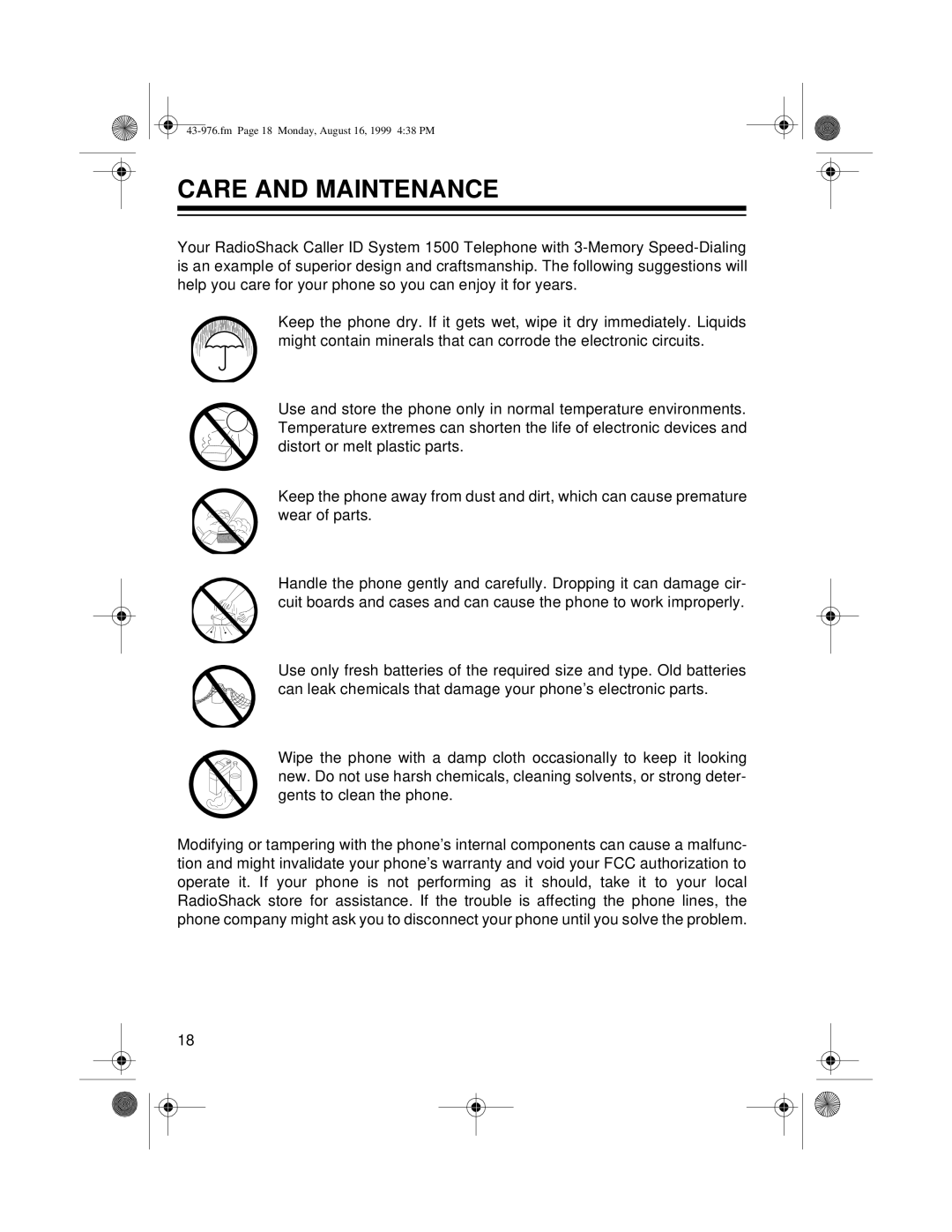 Radio Shack 1500 owner manual Care And Maintenance, fm Page 18 Monday, August 16, 1999 438 PM 