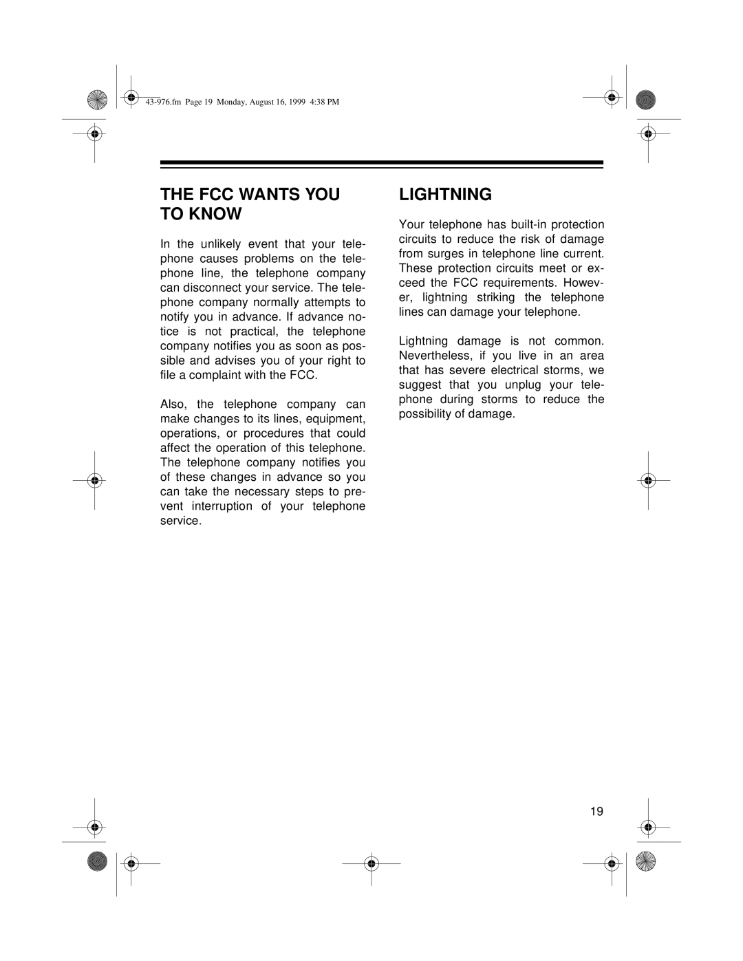 Radio Shack 1500 owner manual The Fcc Wants You To Know, Lightning, fm Page 19 Monday, August 16, 1999 438 PM 