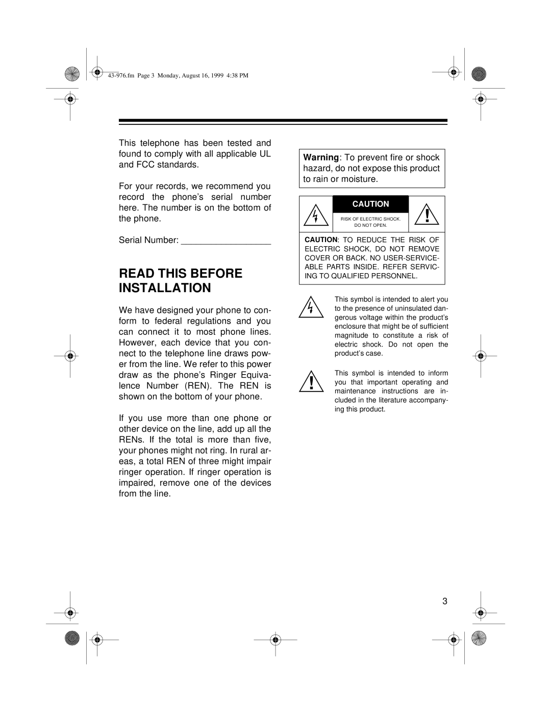 Radio Shack 1500 owner manual Read This Before Installation 