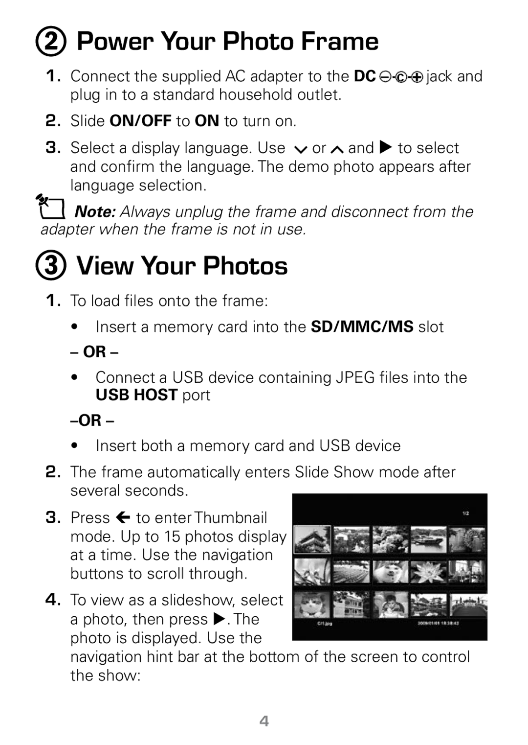 Radio Shack 16-1003 manual Power Your Photo Frame, View Your Photos 