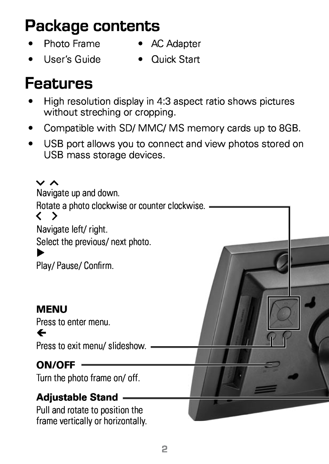 Radio Shack 16-1003 manual Package contents, Features, Menu, On/Off, Adjustable Stand 