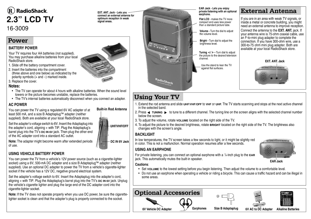 Radio Shack 16-3009 manual External Antenna, Power, Using Your TV, Optional Accessories 