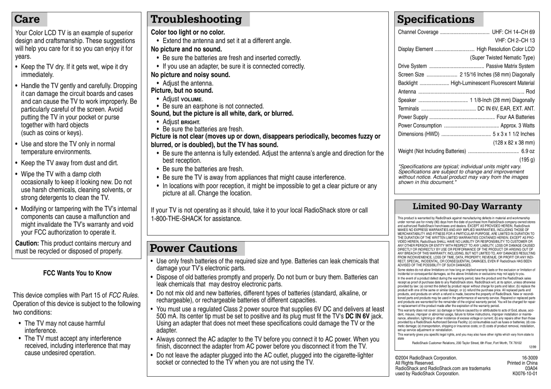 Radio Shack 16-3009 manual Care, Troubleshooting, Power Cautions, Specifications 