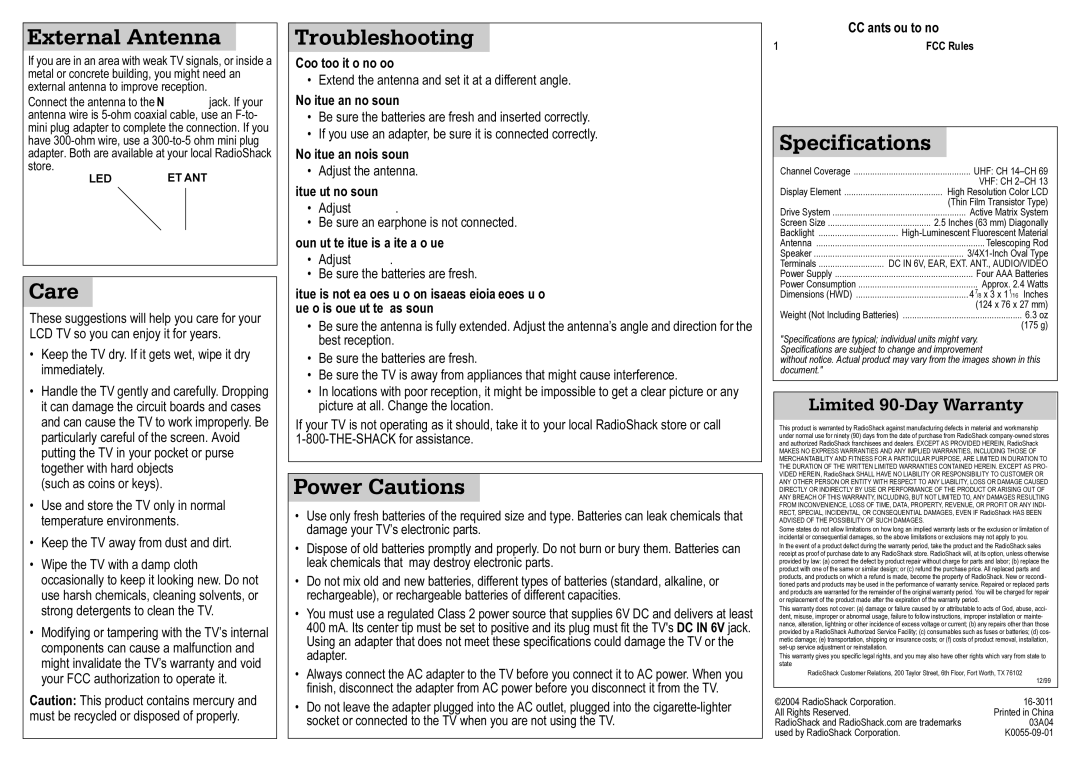 Radio Shack 16-3011 manual External Antenna, Care, Troubleshooting, Power Cautions, Specifications 