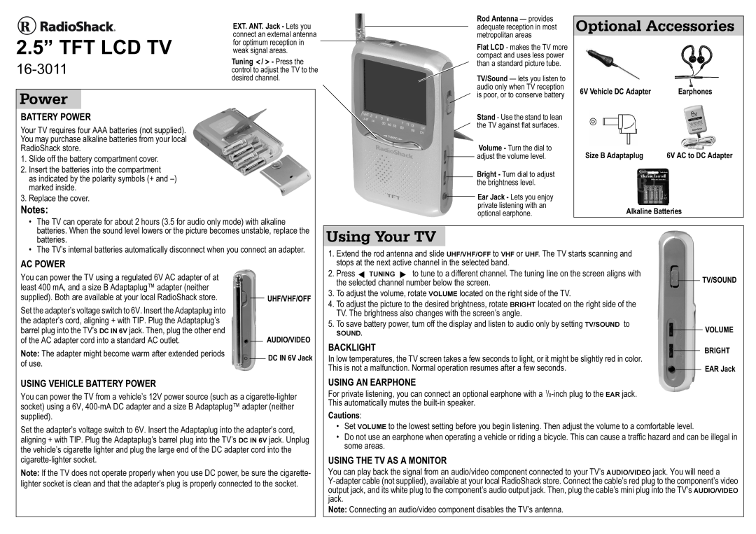 Radio Shack 16-3011 manual Optional Accessories, Power, Using Your TV, 2.5” TFT LCD TV 