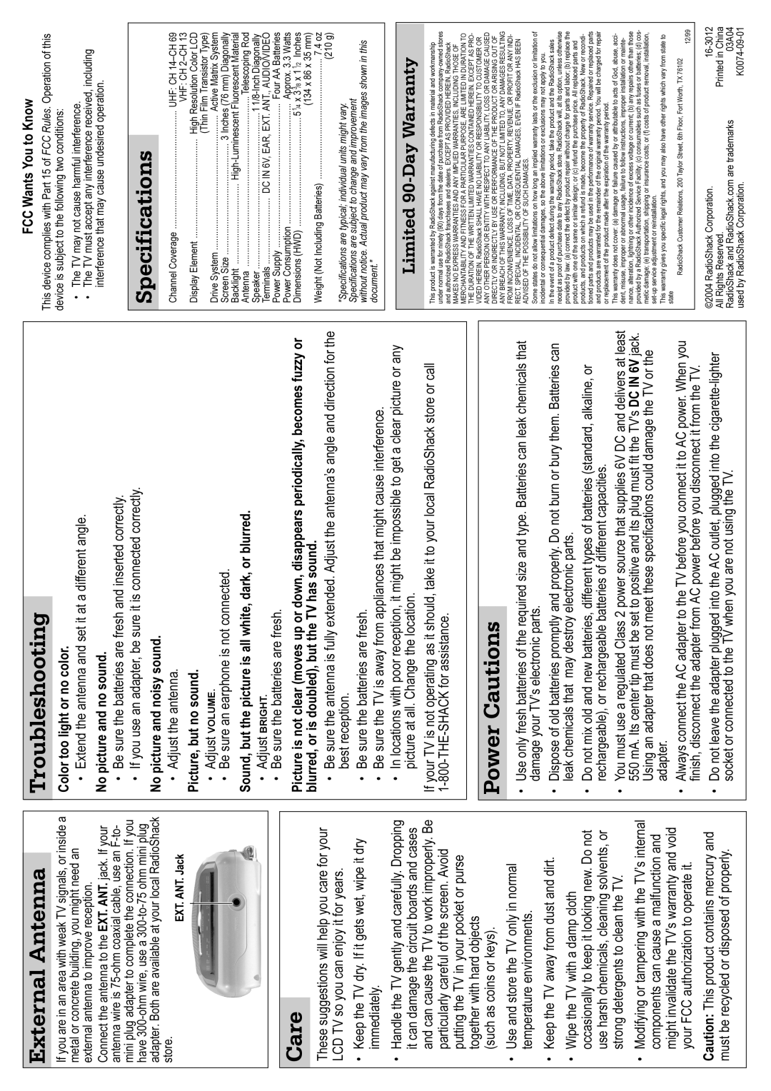 Radio Shack 16-3012 manual External Antenna, Care, Troubleshooting, Power Cautions, Specifications 