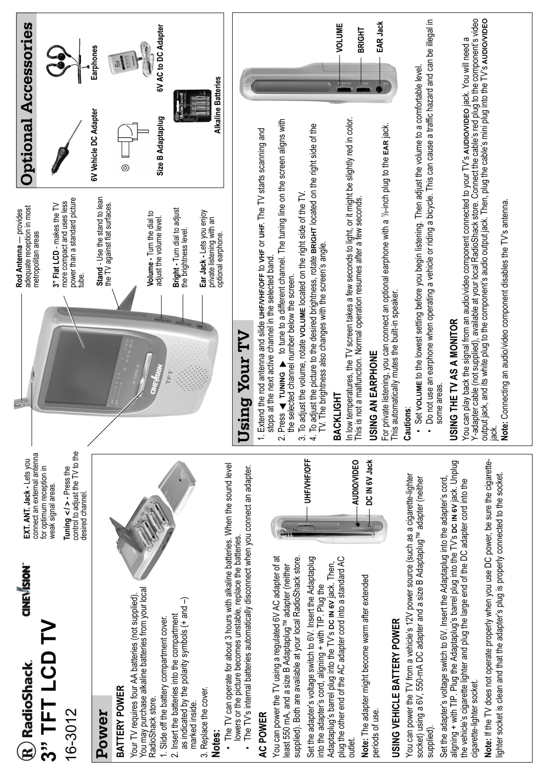 Radio Shack 16-3012 manual Optional Accessories, Power, Using Your TV, 3” TFT LCD TV 