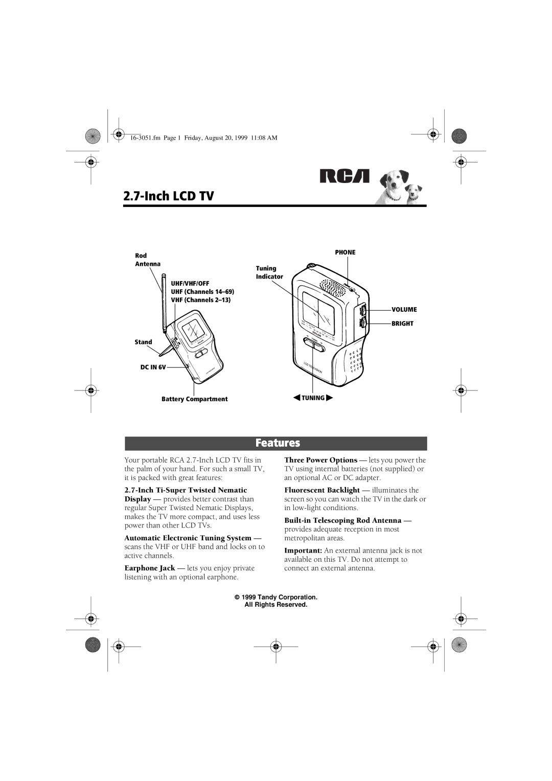 Radio Shack 08A99, 16-3051 manual Inch LCD TV, Features 