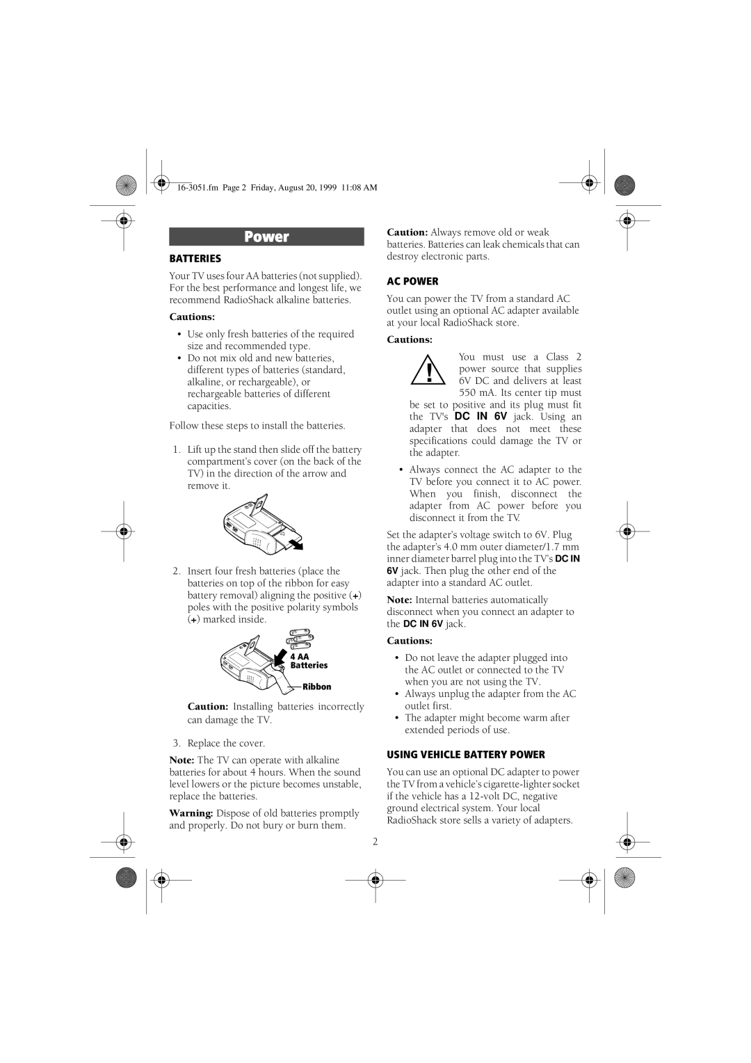 Radio Shack 16-3051, 08A99 manual Batteries, AC Power, Using Vehicle Battery Power 