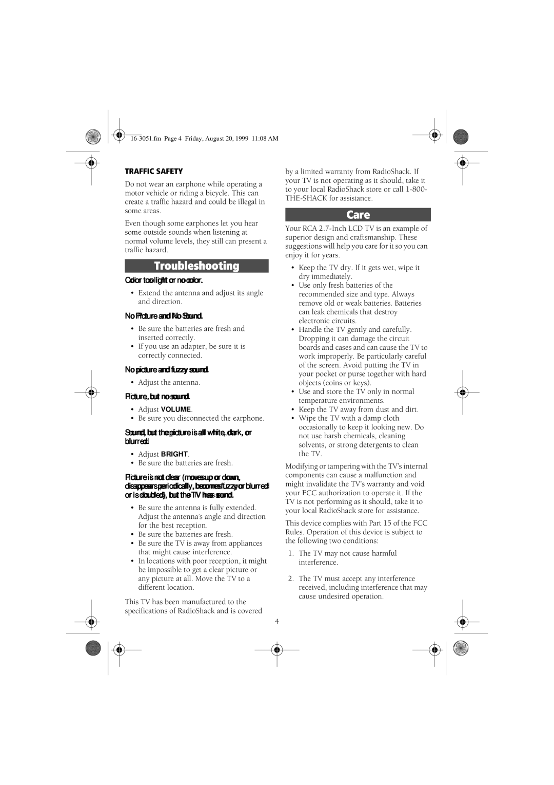 Radio Shack 16-3051, 08A99 manual Troubleshooting, Care, Traffic Safety 