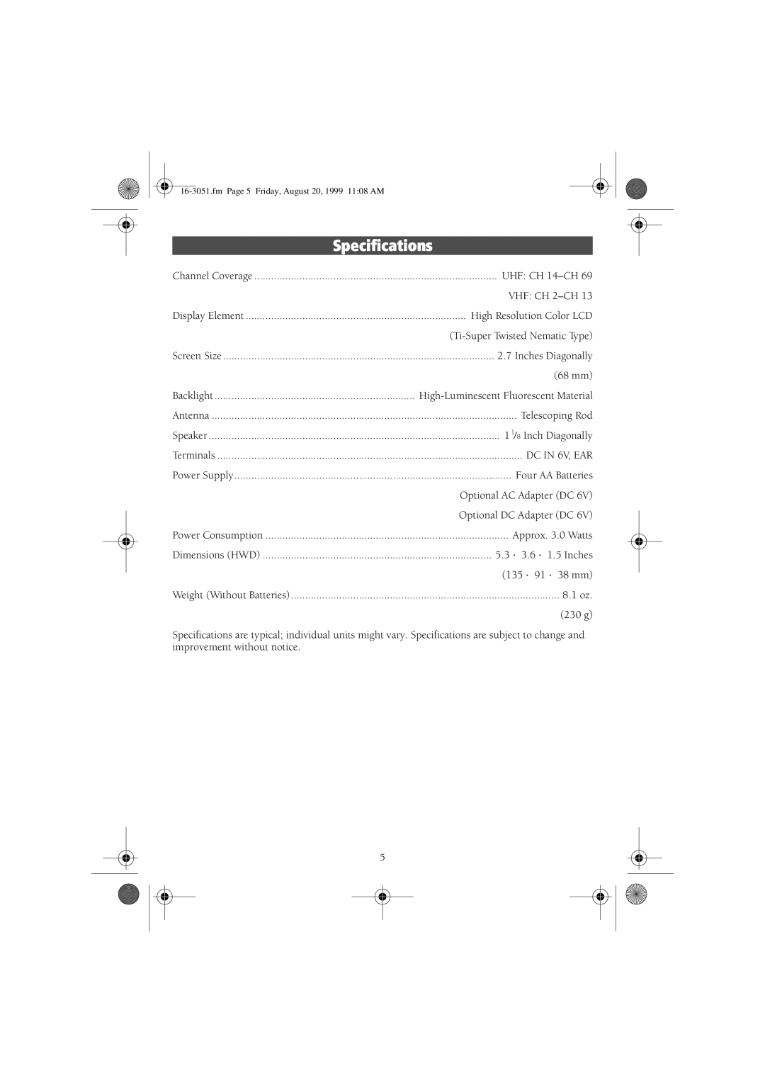 Radio Shack 08A99, 16-3051 manual Specifications 