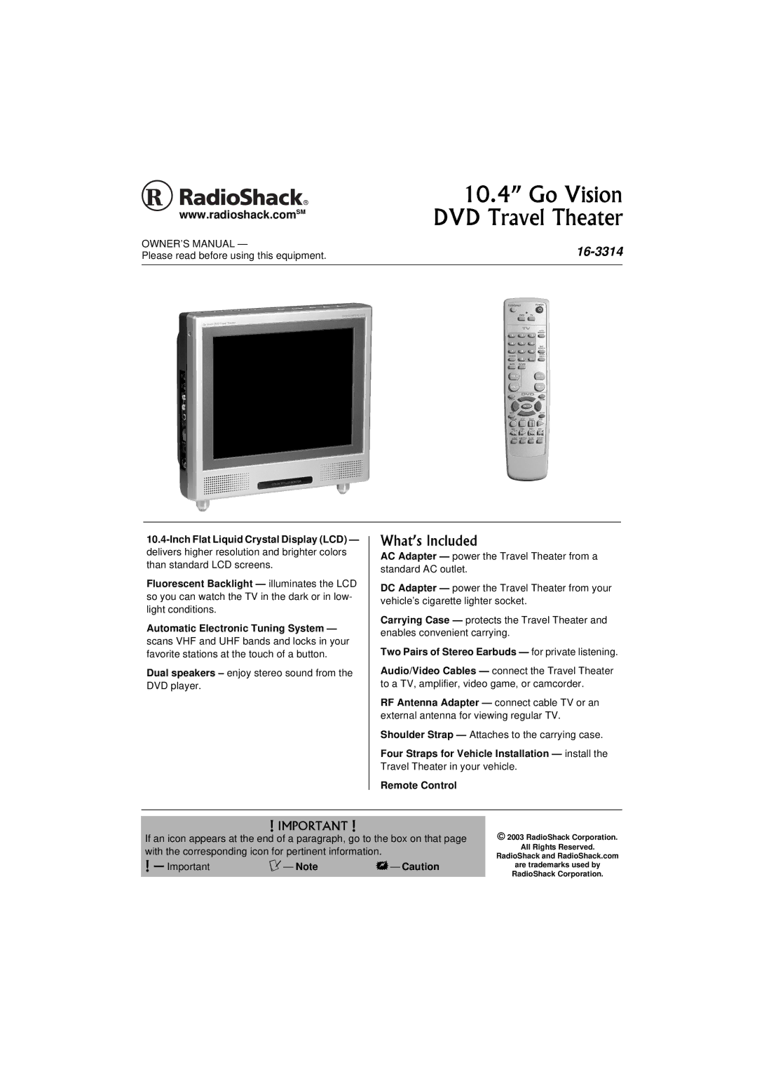 Radio Shack 16-3314 owner manual Go Vision DVD Travel Theater, What’s Included 