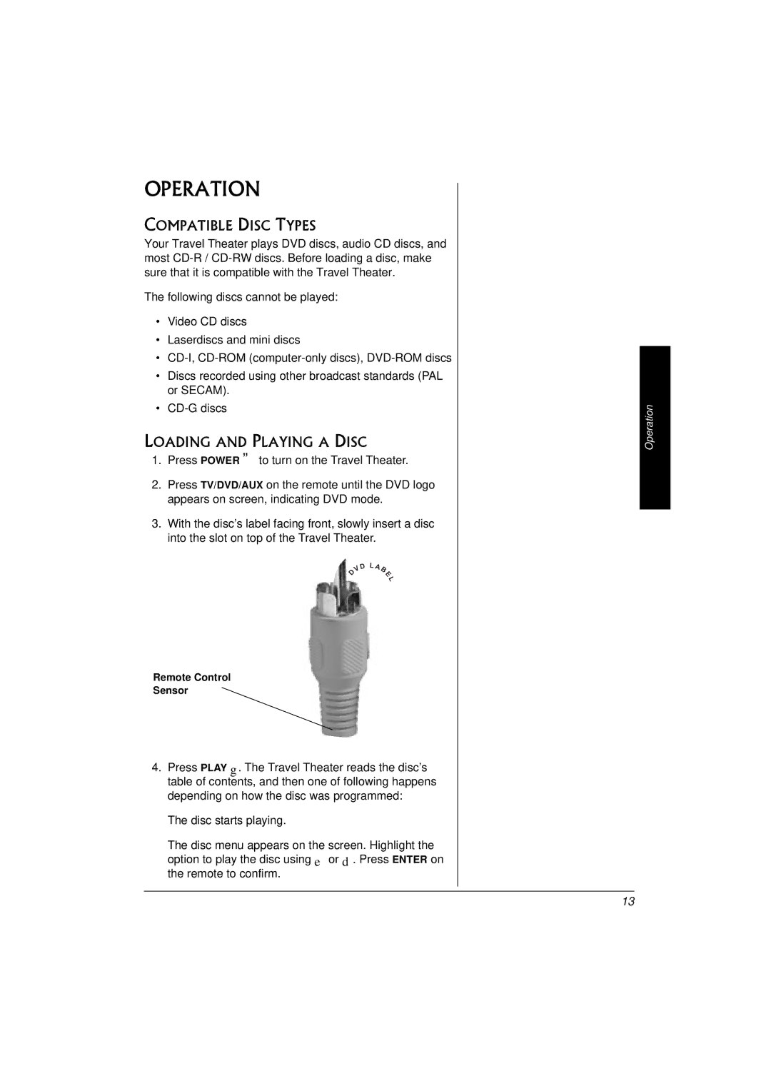 Radio Shack 16-3314 owner manual Operation, Compatible Disc Types, Loading and Playing a Disc 