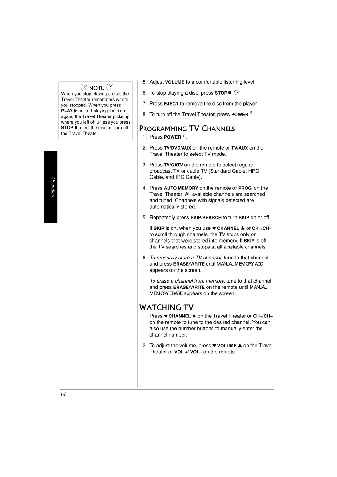 Radio Shack 16-3314 owner manual Watching TV, Programming TV Channels 