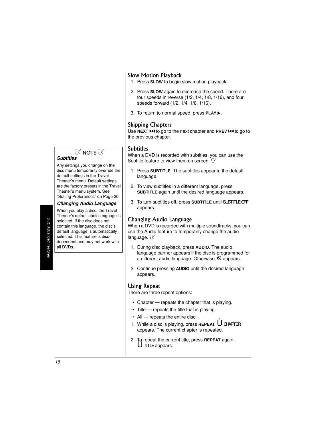 Radio Shack 16-3314 owner manual Slow Motion Playback, Skipping Chapters, Subtitles, Changing Audio Language, Using Repeat 