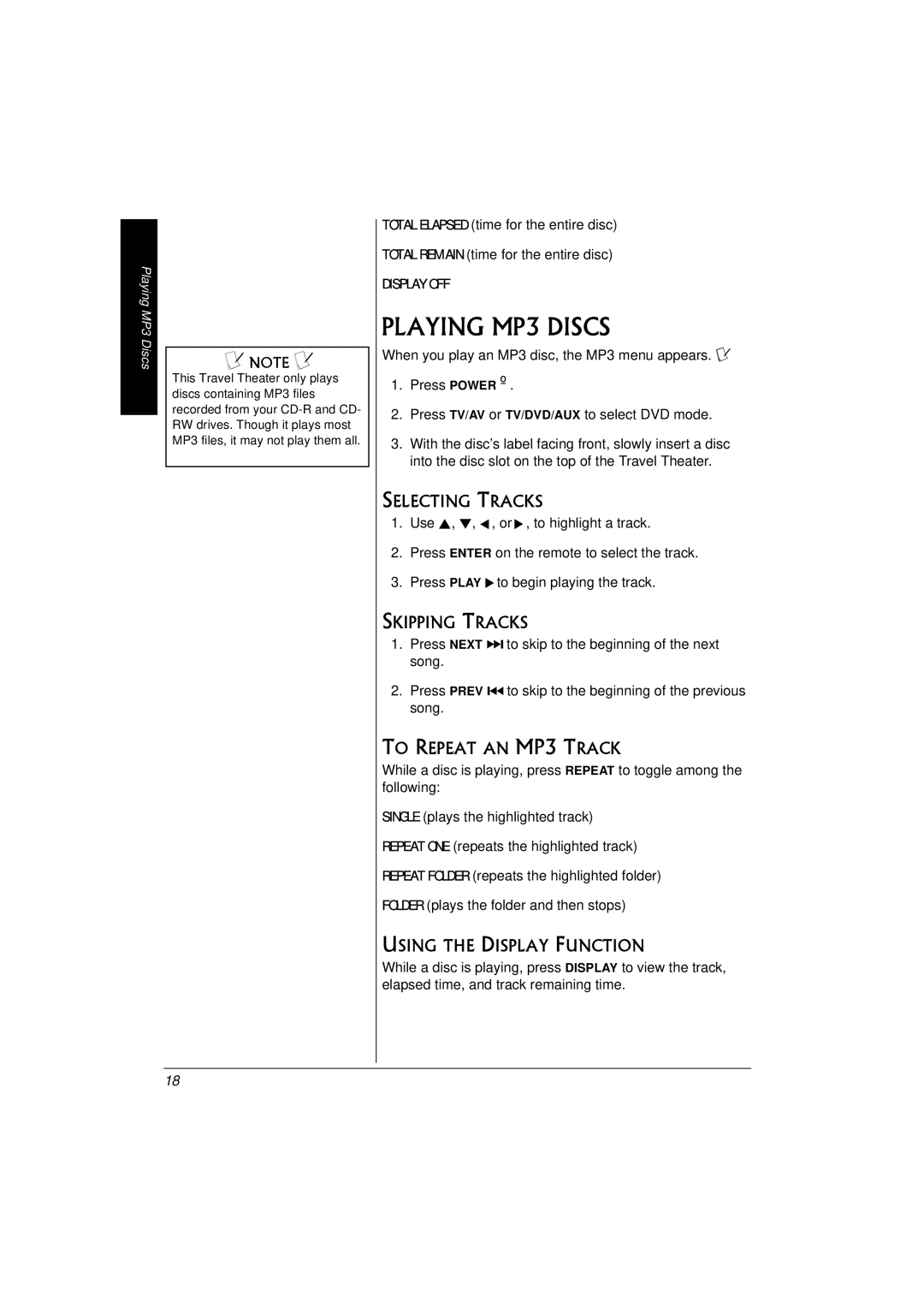 Radio Shack 16-3314 owner manual Playing MP3 Discs, Selecting Tracks, To Repeat AN MP3 Track 