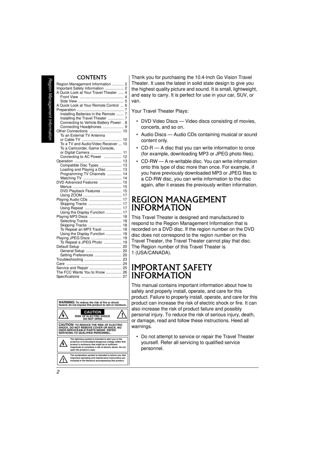 Radio Shack 16-3314 owner manual Region Management Information, Important Safety Information 