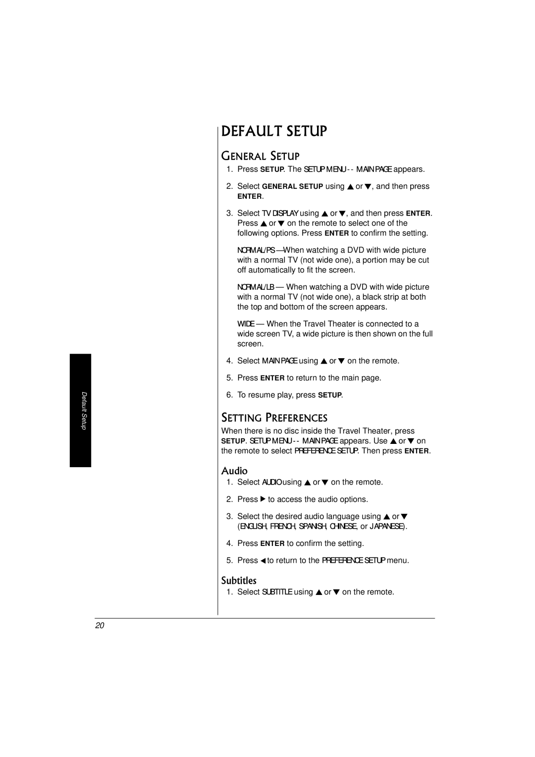 Radio Shack 16-3314 owner manual Default Setup, Audio, General Setup, Setting Preferences 