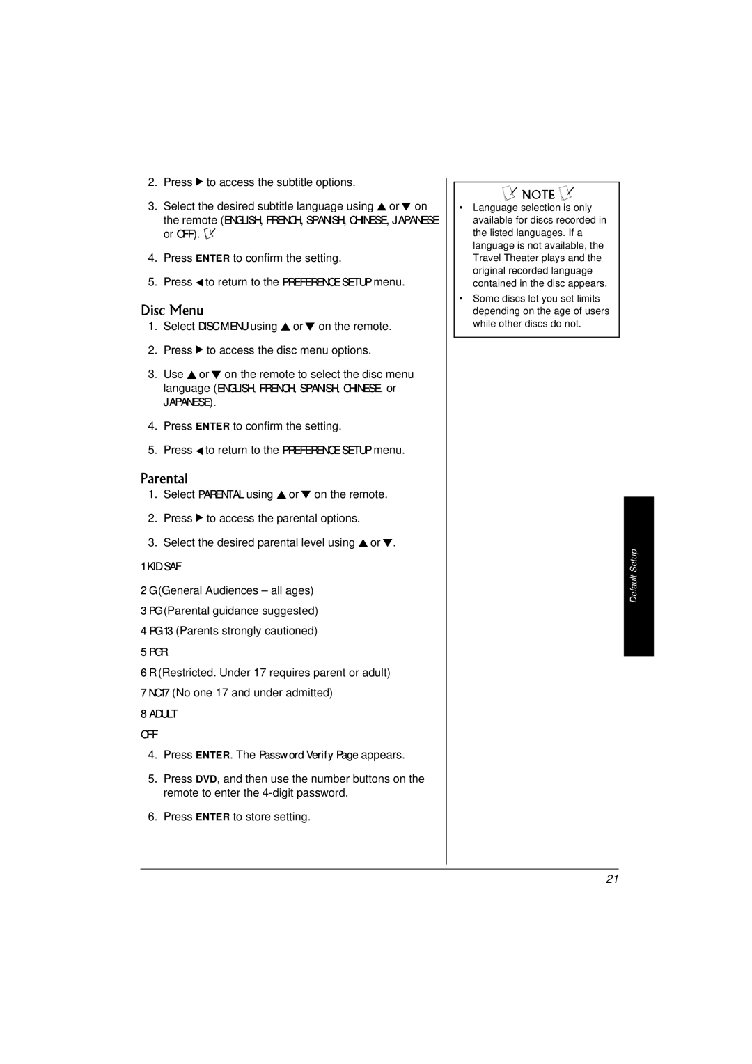 Radio Shack 16-3314 owner manual Disc Menu, Parental 