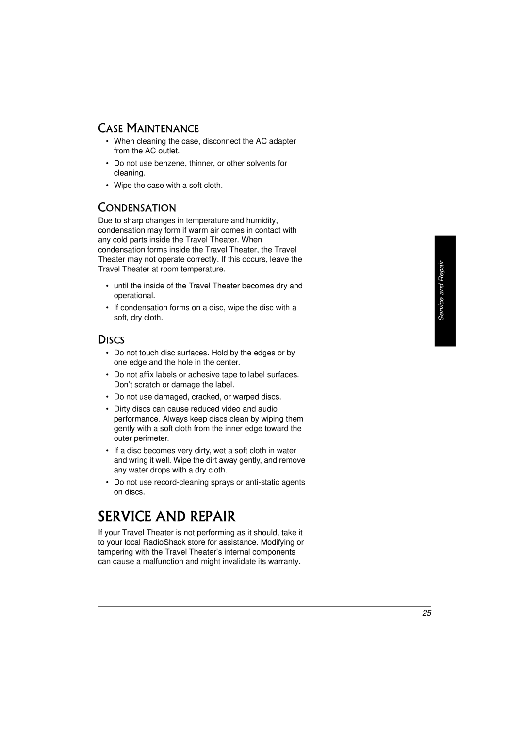 Radio Shack 16-3314 owner manual Service and Repair, Case Maintenance, Condensation, Discs 