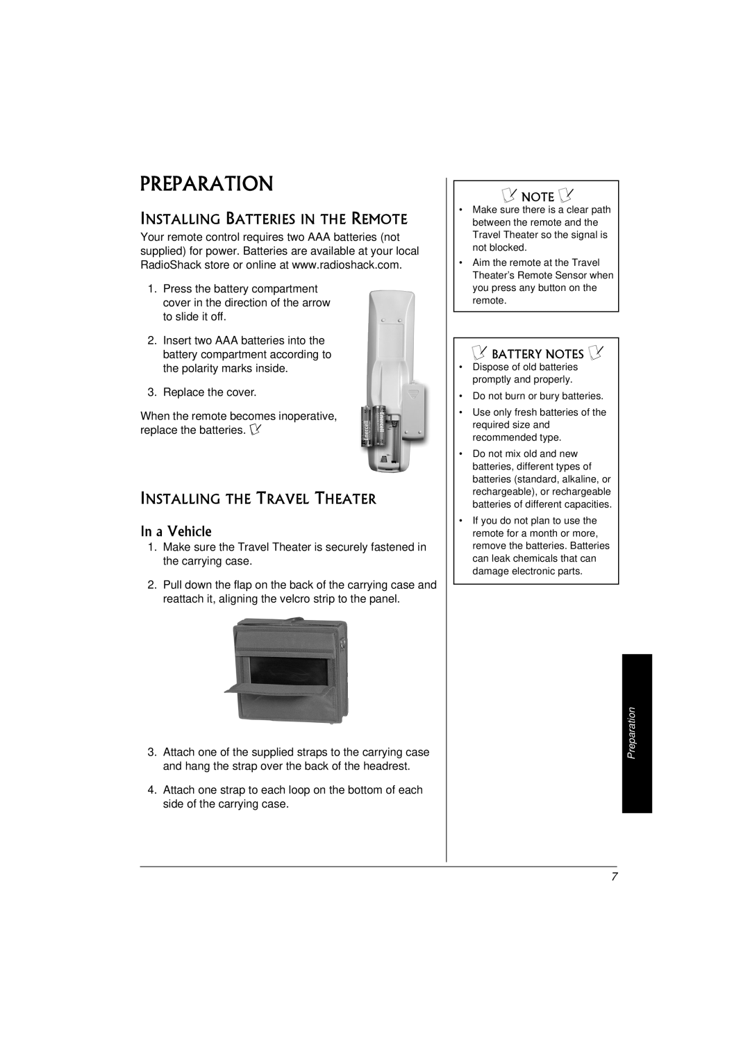 Radio Shack 16-3314 owner manual Preparation, A Vehicle, Installing Batteries in the Remote, Installing the Travel Theater 