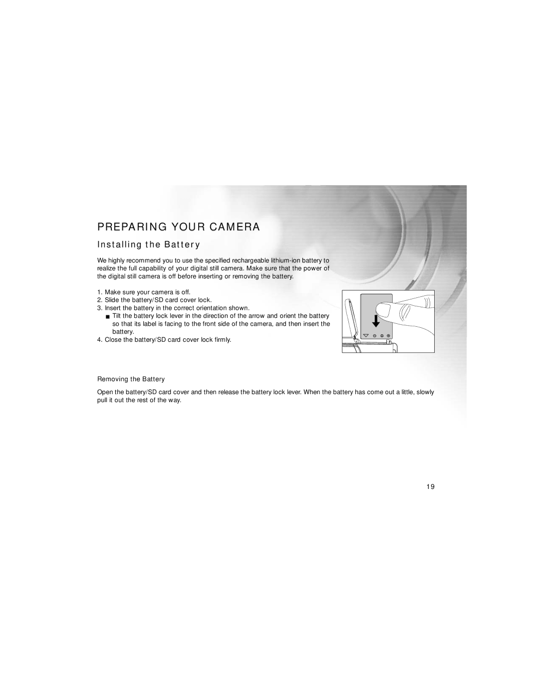 Radio Shack 16-3869 manual Preparing Your Camera, Installing the Battery 