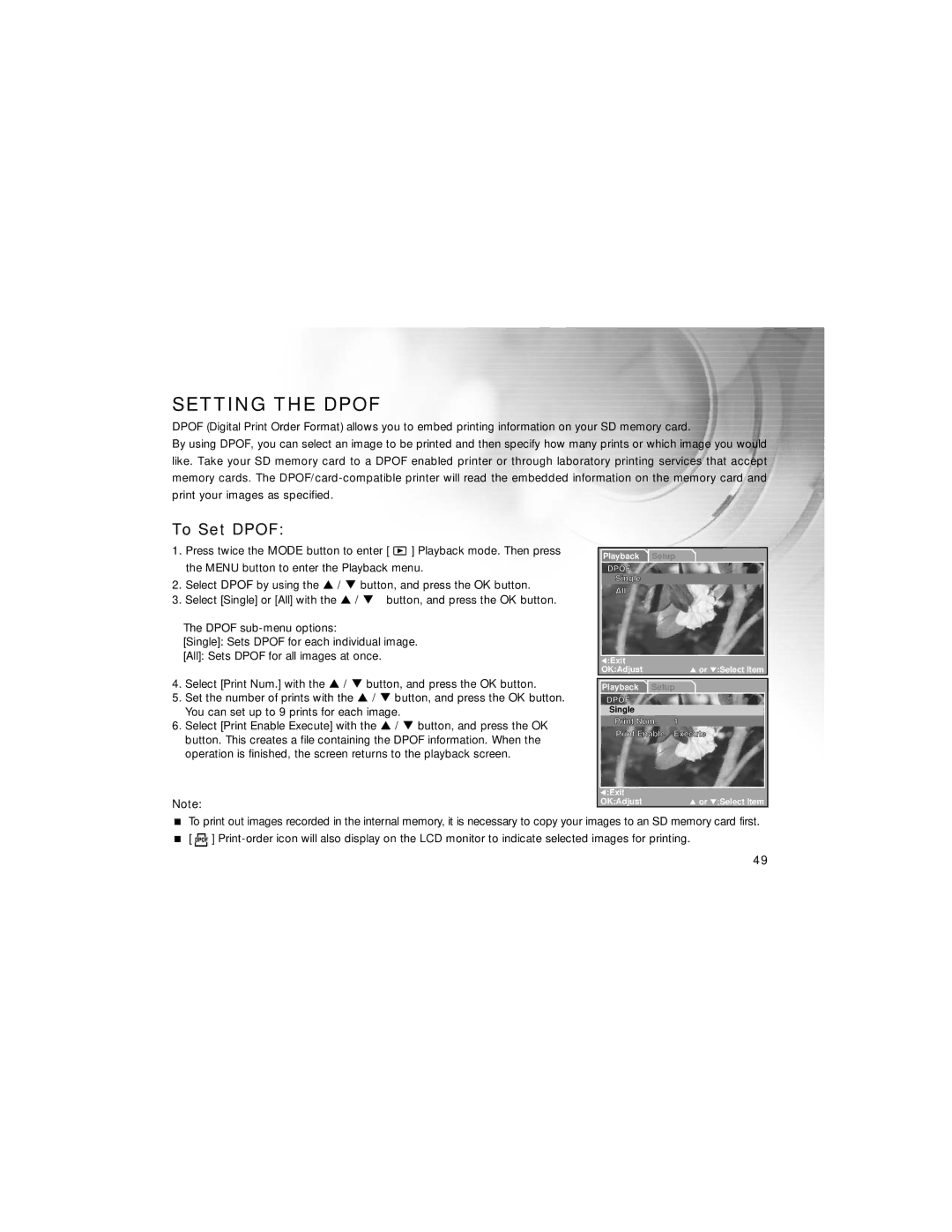 Radio Shack 16-3869 manual Setting the Dpof, To Set Dpof 