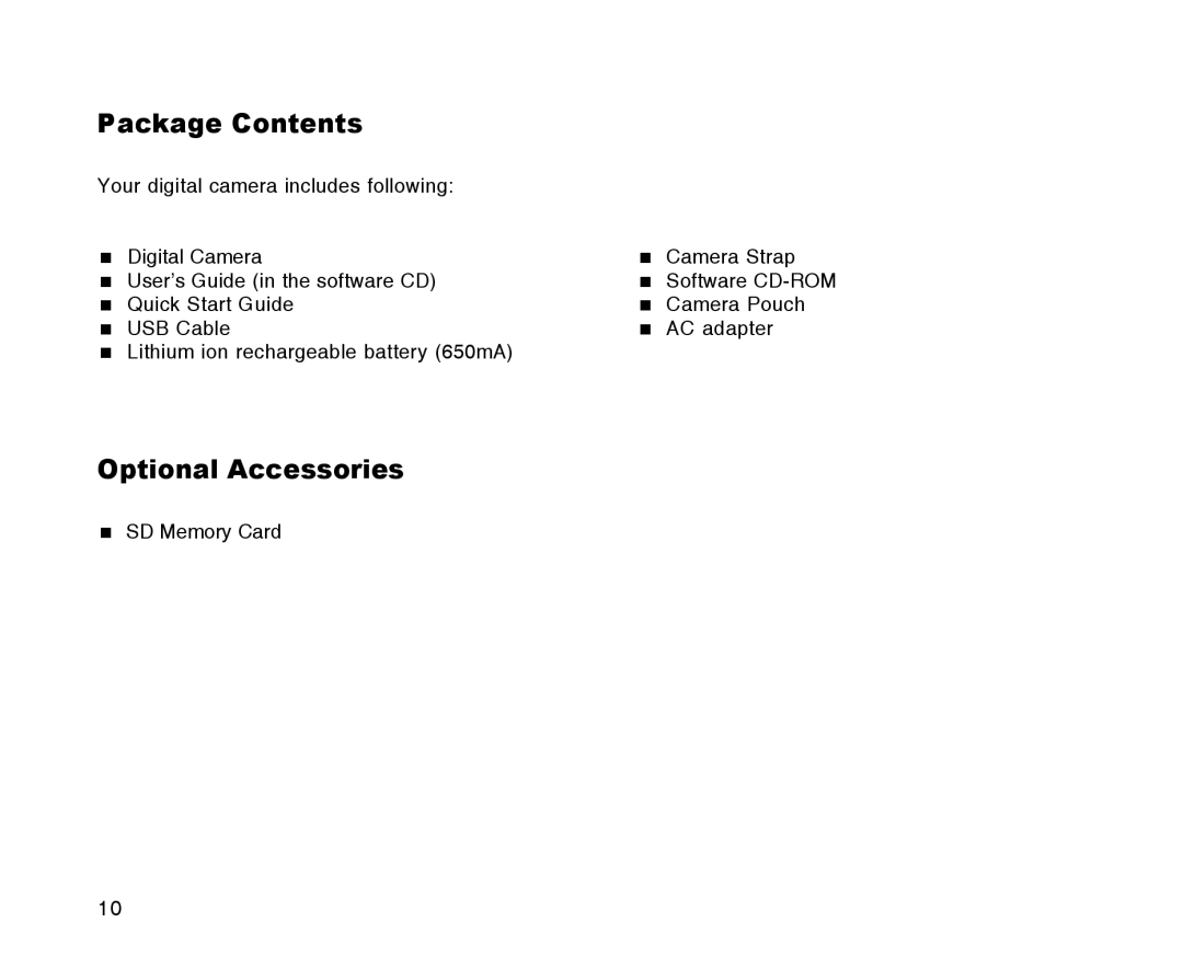 Radio Shack 16-3898 quick start Package Contents, Optional Accessories 