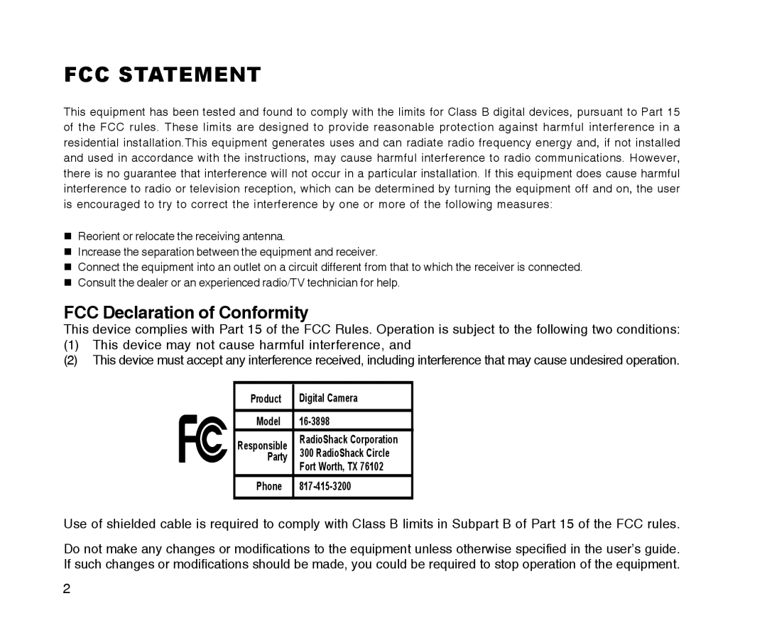 Radio Shack 16-3898 quick start FCC Statement, FCC Declaration of Conformity 