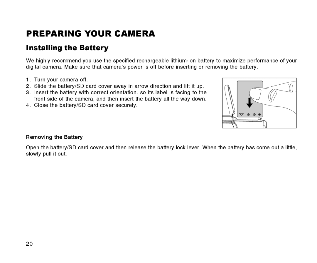 Radio Shack 16-3898 quick start Preparing Your Camera, Installing the Battery, Removing the Battery 