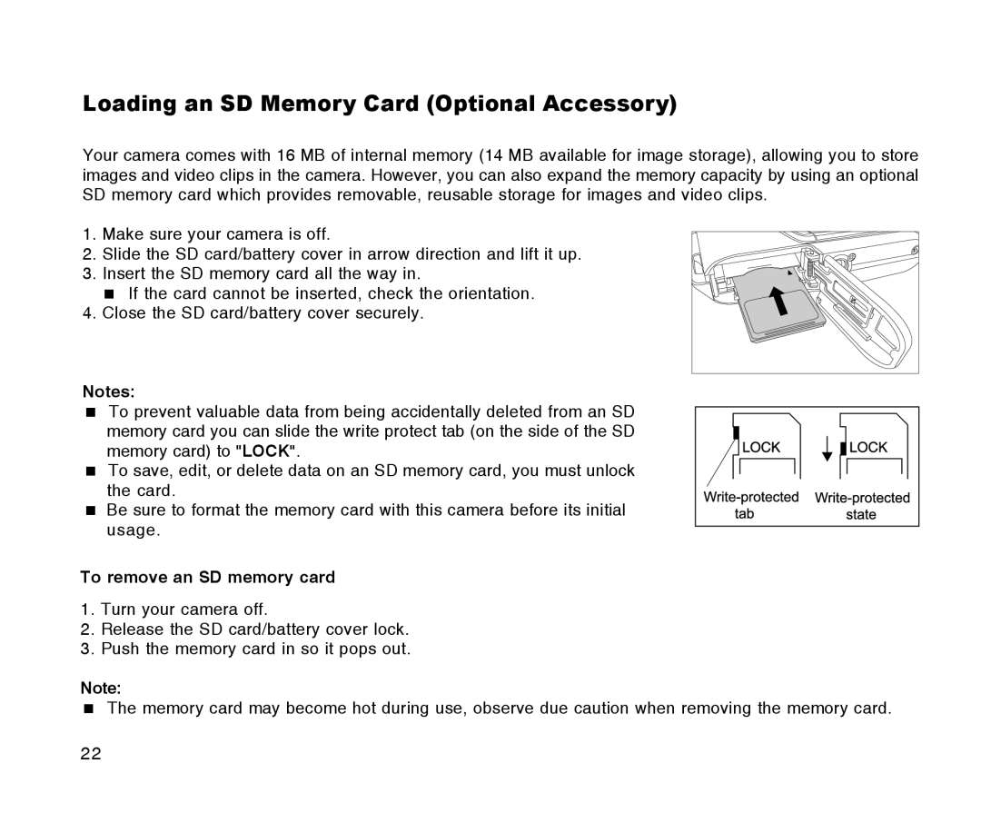 Radio Shack 16-3898 quick start Loading an SD Memory Card Optional Accessory, To remove an SD memory card 