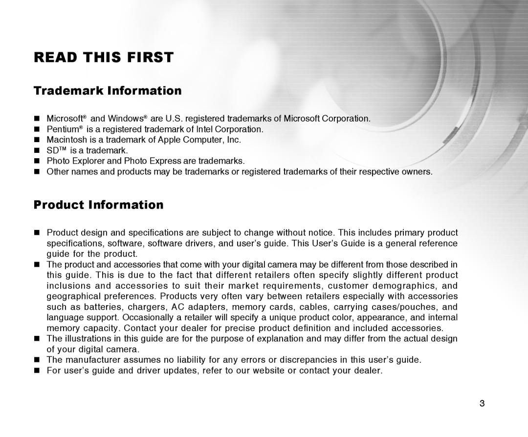 Radio Shack 16-3898 quick start Read this First, Trademark Information, Product Information 