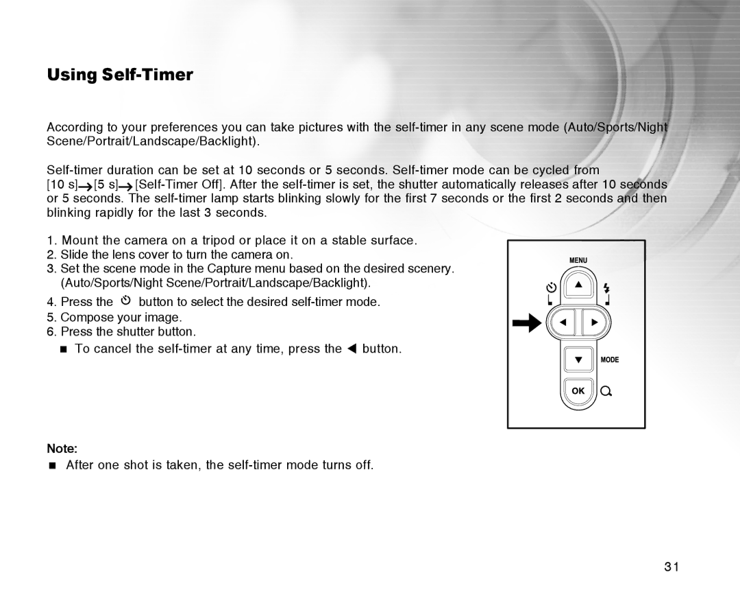 Radio Shack 16-3898 quick start Using Self-Timer 