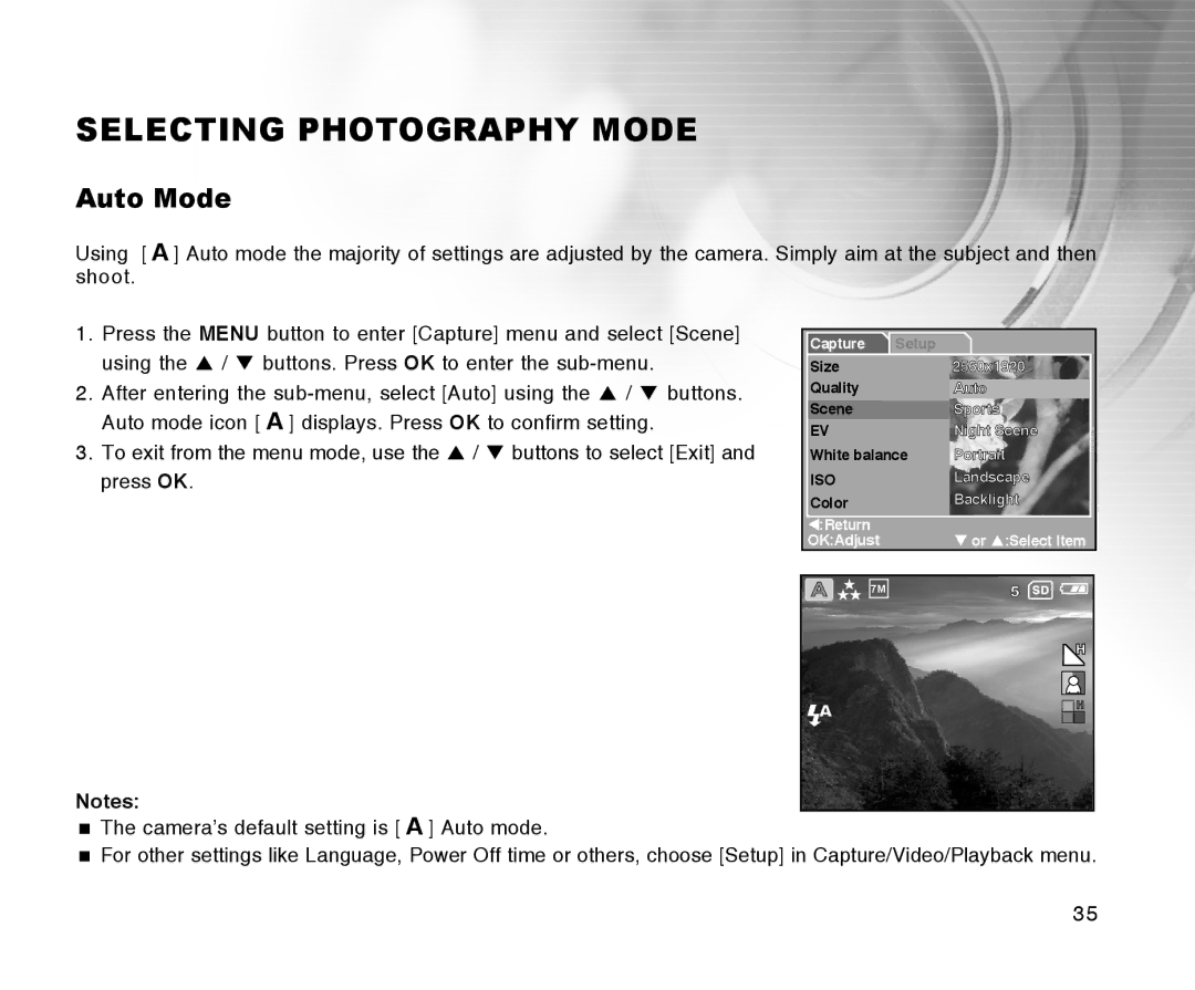 Radio Shack 16-3898 quick start Selecting Photography Mode, Auto Mode 