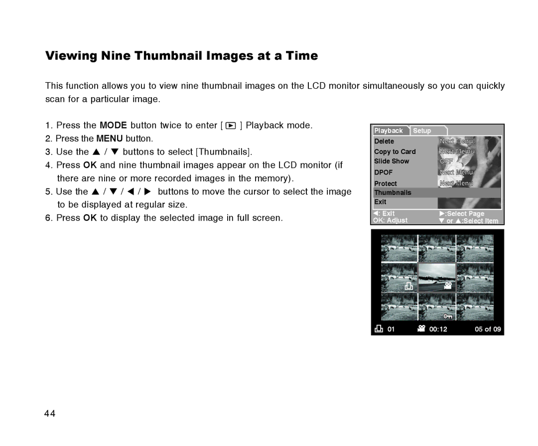 Radio Shack 16-3898 Viewing Nine Thumbnail Images at a Time, Press OK to display the selected image in full screen 