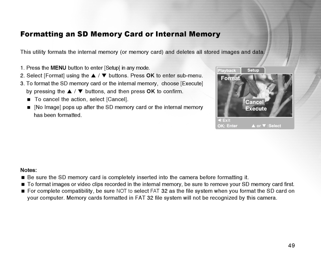 Radio Shack 16-3898 quick start Formatting an SD Memory Card or Internal Memory 