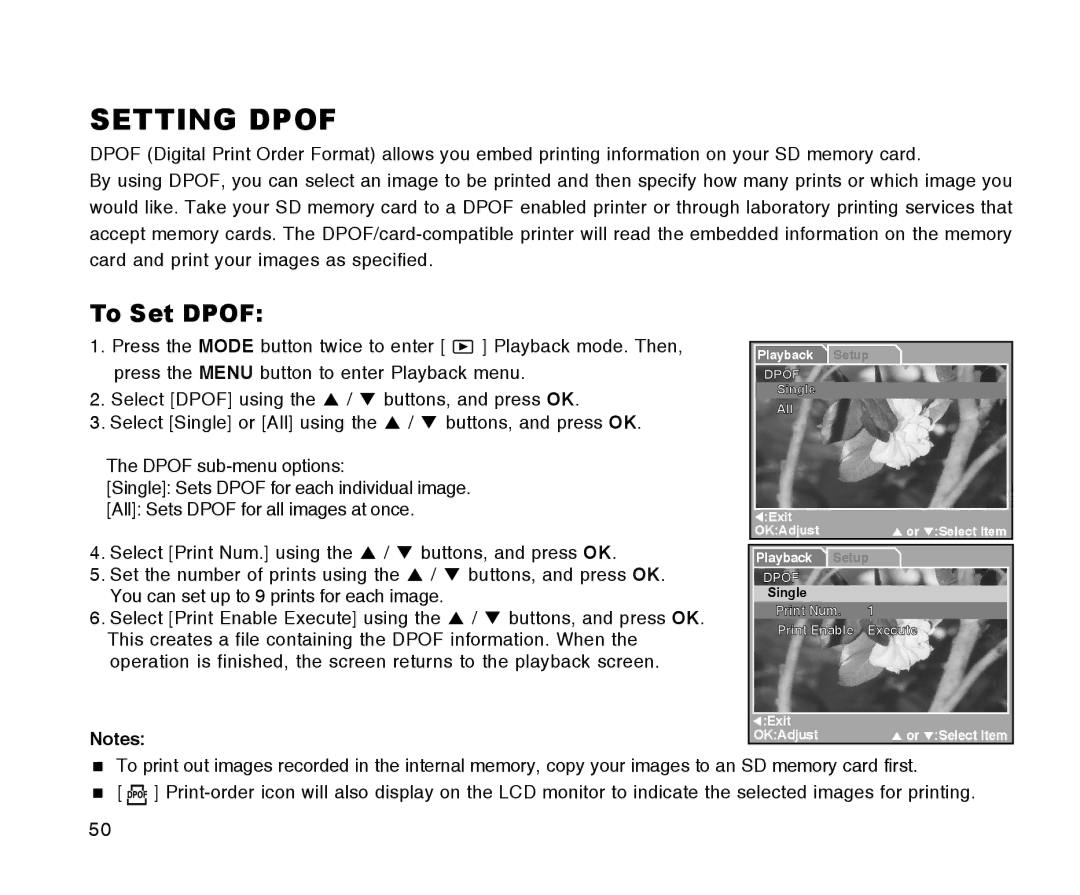 Radio Shack 16-3898 quick start Setting Dpof, To Set Dpof 