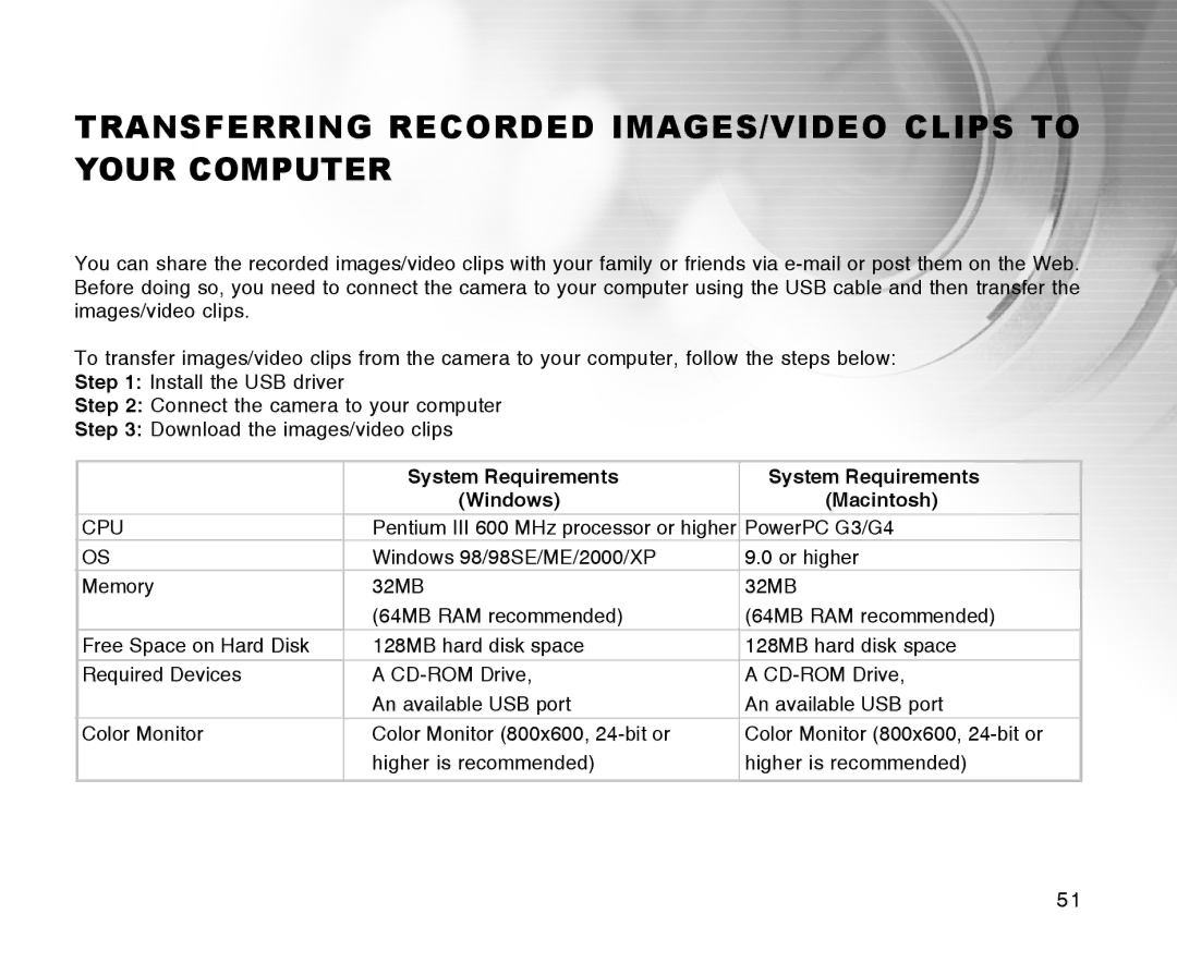 Radio Shack 16-3898 Transferring Recorded IMAGES/VIDEO Clips to Your Computer, System Requirements Windows Macintosh 