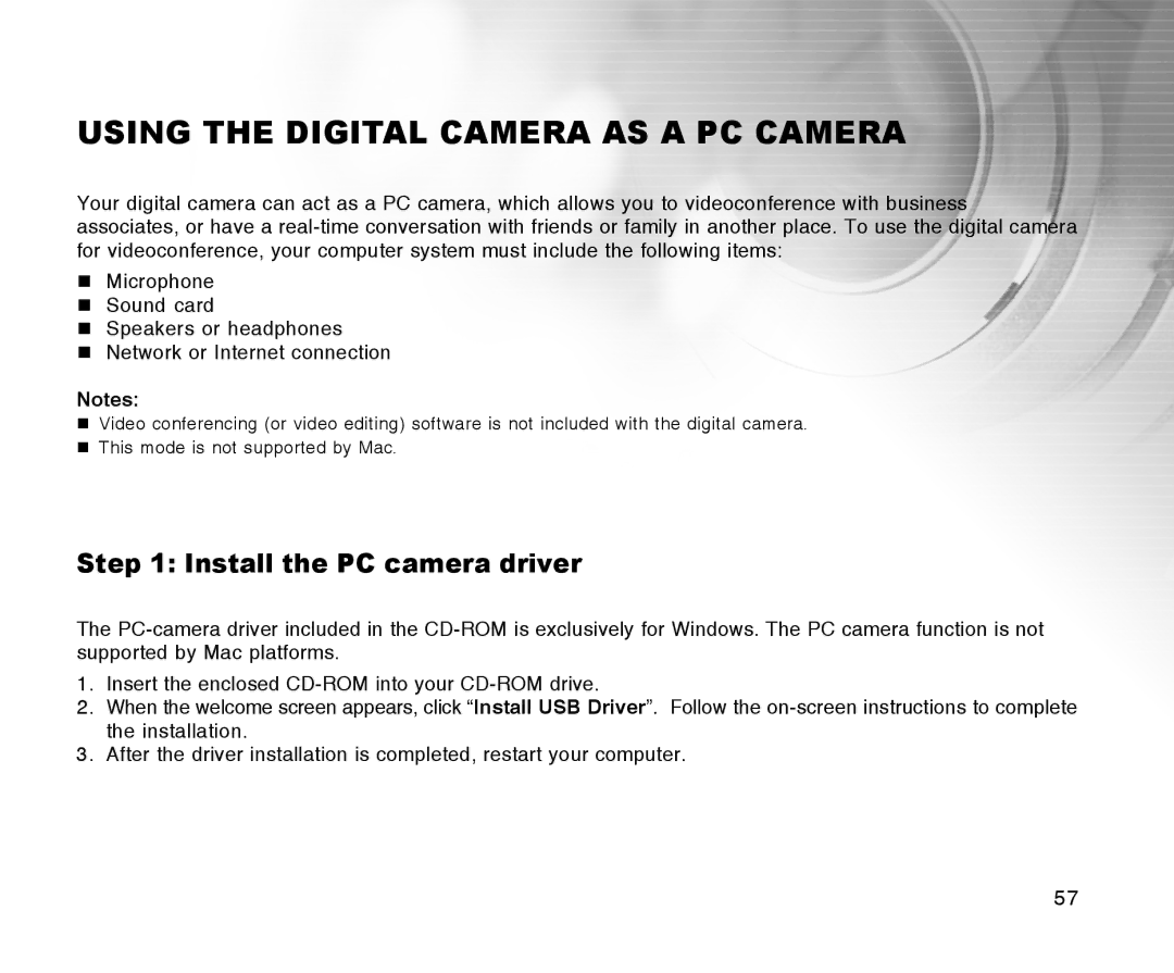 Radio Shack 16-3898 quick start Using the Digital Camera AS a PC Camera, Install the PC camera driver 