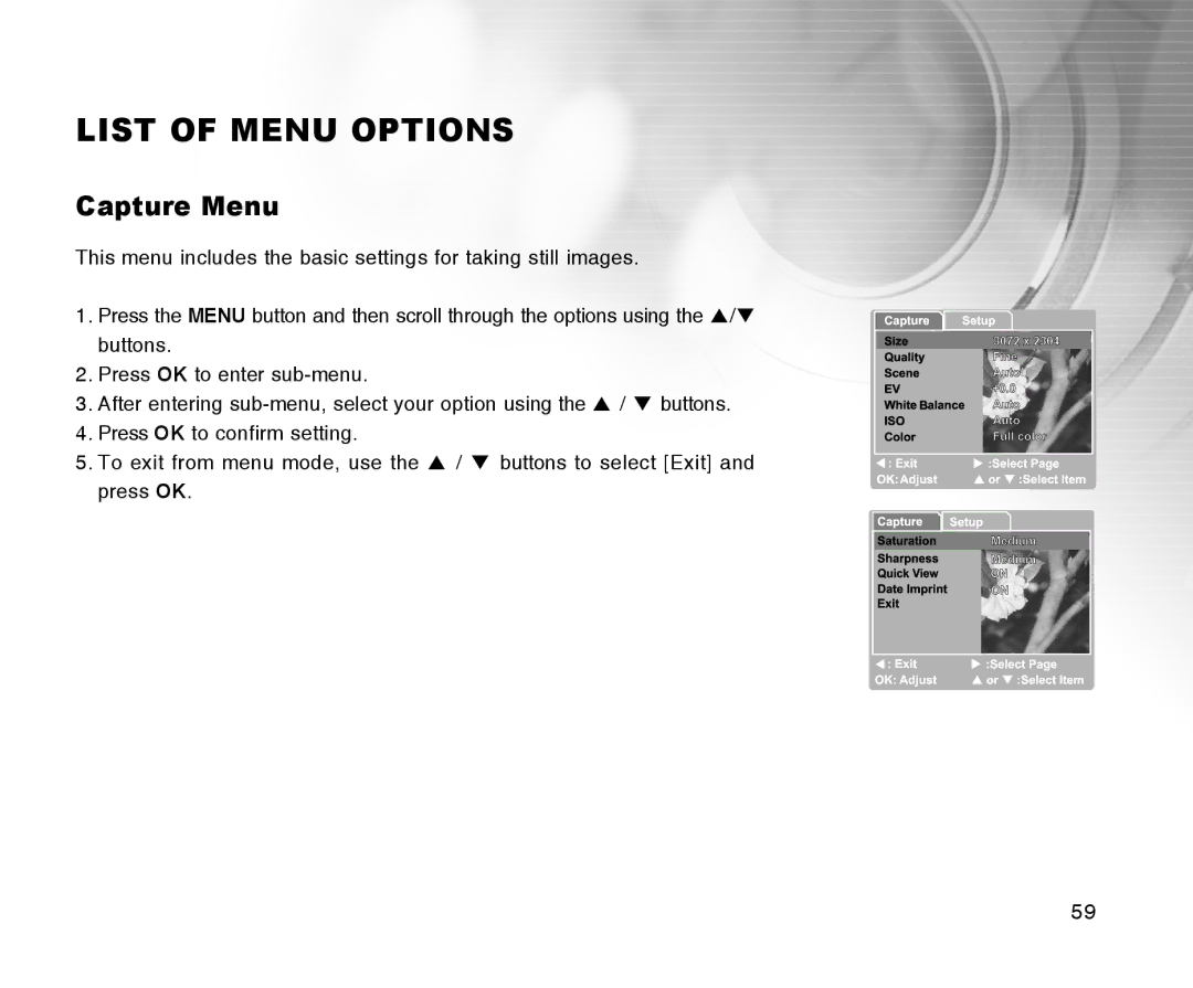 Radio Shack 16-3898 quick start List of Menu Options, Capture Menu 